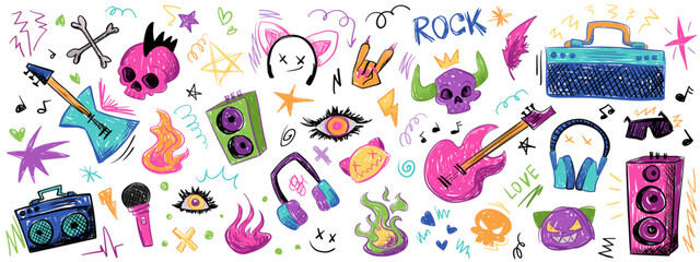 Crayon drawn punk and rock doodle set. Colorful graffiti vector elements like skulls, guitars, flames, headphones, hearts, crowns, music notes, stars. Hand drawn marker sketch for sticker or collage.