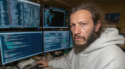 Focused Programmer in Hoodie Working at Multi-Monitor Setup in Tech Environment