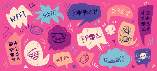 Crayon doodle speech bubbles with colorful chalk lines and abstract swear words. Angry expressions, rude symbols, curse shapes. Vector hand drawn conversation frames with bad, negative emotion