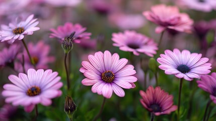 Obraz premium Vibrant pink daisies in a lush green garden, blooming flowers