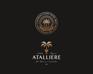 Luxury elegant palm resort hotel logo template for property architecture