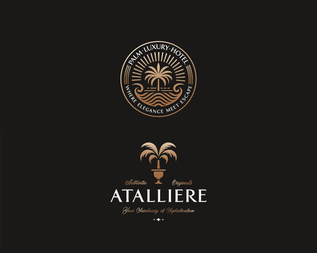 Luxury elegant palm resort hotel logo template for property architecture