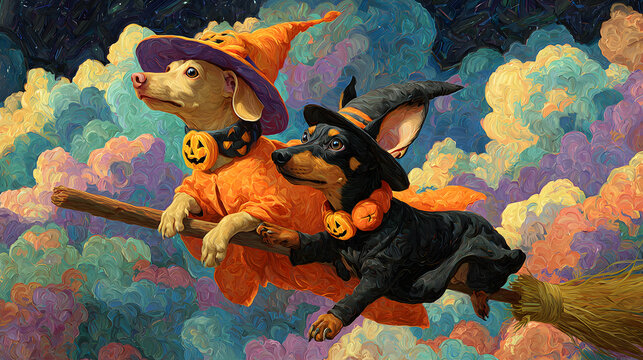 two dogs in halloween costumes on a broomstick
