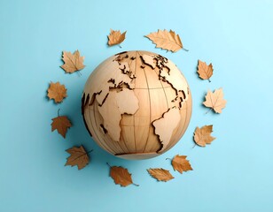 Wooden World Globe With Autumn Leaves On Light Blue Background