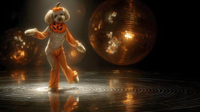  poodle with a jack-o-lantern collar dancing in a disco