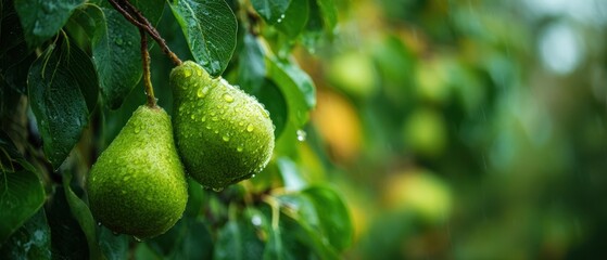 The vibrant green pears glistening with raindrops on the branch.