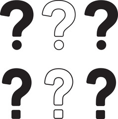 Six question mark icons in black and white representing uncertainty and inquiry