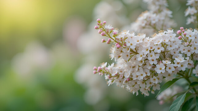 A corymb of spirea blossoms in bloom during spring with a blurred green background on the left side, featured in the right half of the copy space image.