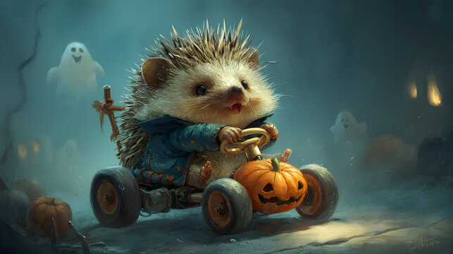 hedgehog driving a go-kart with a jack-o-lantern on its front