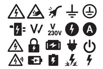 Collection of electrical safety warning symbols and icons for power and voltage