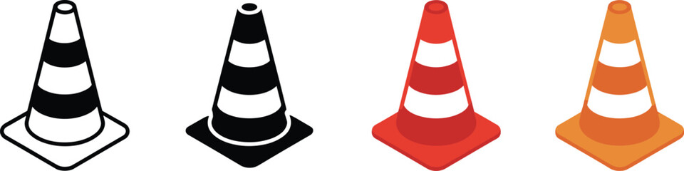 Naklejka premium Traffic cone illustration set, black-white outline to red and orange versions, four styles progression for safety signage, icon design, vector artwork template