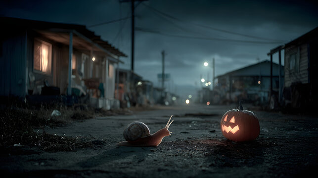 snail looking at a jack-o-lantern