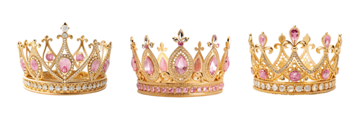 Set For Three golden crowns with pink gems isolated on transparent background