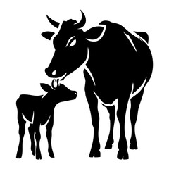 Fototapeta premium Black Cow Silhouette Vector Mother Licking Calf - Maternal Farm Animal Icon