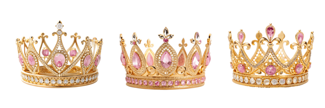 Set For Three golden crowns with pink gems isolated on transparent background