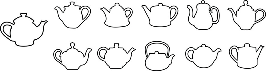 Set of teapot icons in outline, and minimalist vector styles. Teapot group, kettle collection, boiling pot, ceramic brew, kitchen drinkware symbol bundle, household cooking elements.