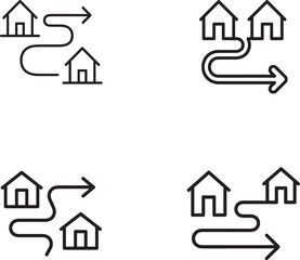 Four hand drawn icons representing routes between houses isolated on transparent background