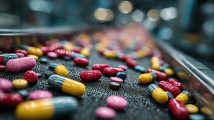 capsules and tablets on a conveyor in company