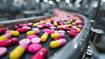 capsules and tablets on a conveyor in company