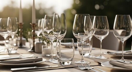 Elegant outdoor dining table meticulously set with sparkling crystal glasses and polished cutlery, ready for a sophisticated gathering or special celebration.
