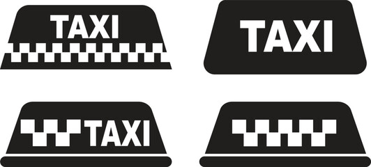 Taxi symbol icons set in solid vector styles. Cab group, taxicab collection, transportation signs, car silhouette, front view taxi symbols, travel, vehicle elements, and pickup illustrations.