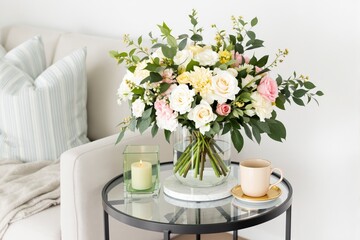 Elegant floral arrangement with candle and cup on a side table