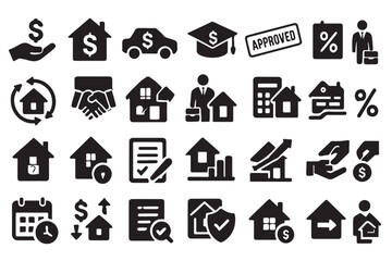 Collection of real estate and finance icons representing home buying and investment