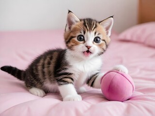 Fototapeta premium Cute striped kitten with blue eyes sitting on pink bedspread, holding a pink ball, showing playful and curious behavior.