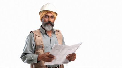 indian construction engineer man holding blueprint on white background