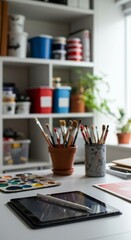 Artists Workspace Featuring Digital Tablet and Paintbrushes
