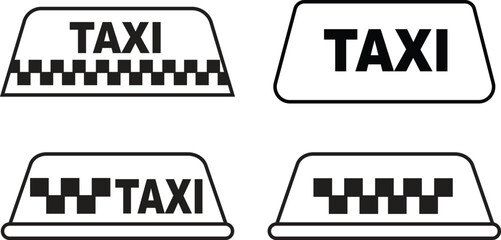 Obraz premium Taxi symbol icons set in line vector styles. Cab group, taxicab collection, transportation signs, car silhouette, front view taxi symbols, travel, vehicle elements, and pickup illustrations.