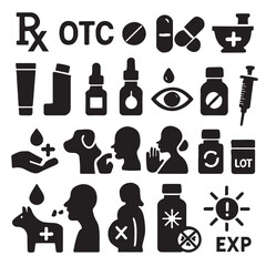 Collection of medical and pharmaceutical icons representing healthcare and medicine