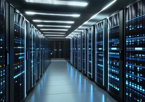High-Tech Data Center Interior with Rows of Network Servers &ndash; Modern Digital Infrastructure and Information Technology Environment
