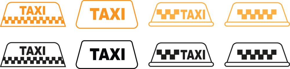 Taxi symbol icons set in line vector styles. Cab group, taxicab collection, transportation signs, car silhouette, front view taxi symbols, travel, vehicle elements, and pickup illustrations.