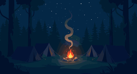 Fototapeta premium Night camping scene with tents and campfire in forest under starry sky. Vector illustration