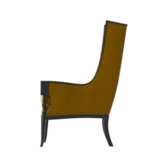 Elegant Wingback Armchair with Dark Frame and Gold Velvet Upholstery - Side View Isolated