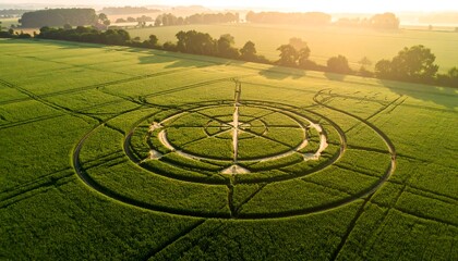 Crop circle in a field at sunrise