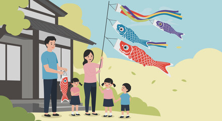Naklejka premium Asian family celebrating children's day with koinobori flags outdoors. Vector illustration