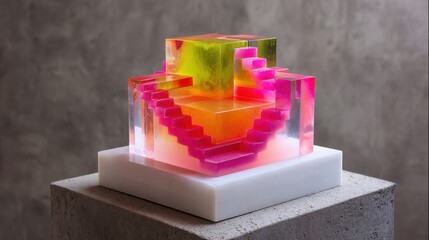 Cube of jelly with internal staircases, suspended on pedestal, vibrant and architectural dessert design