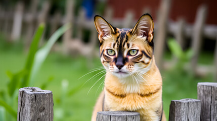 Portrait of a toddy cat on a wooden fence, Indonesia