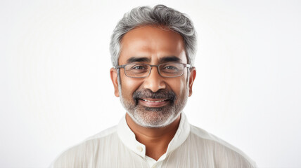 indian middle aged professor looking positive in a white background