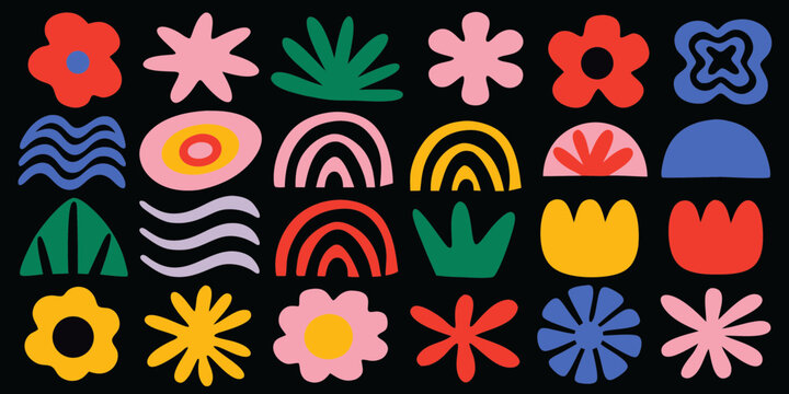 Vibrant abstract shapes and flowers on black background