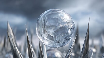 Crystal bubble about to pop, floating above sharp metal spikes, metaphor for delicate balance and danger