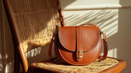 Brown crescent leather handbag with gold accents on wooden chair with rattan backrest natural light and vintage style