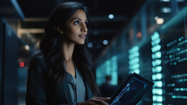 young indian data scientist woman with laptop in a data center