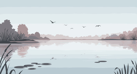 Serene lake landscape with birds and trees in soft pastel colors. Vector illustration