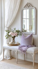 Fototapeta premium elegant french cottage entryway, pearl frame mirror, sheer lace curtain, whitewashed bench with velvet pillow, dusty lavender tones, soft light