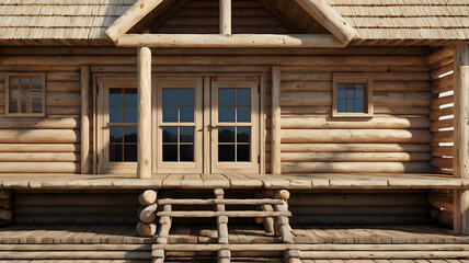 “Classic log cabin made from round timber logs in a 3D render, detailed textures, shadows on white background