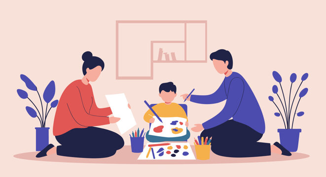 Family art time: asian parents and child enjoying creative activities at home. Vector illustration