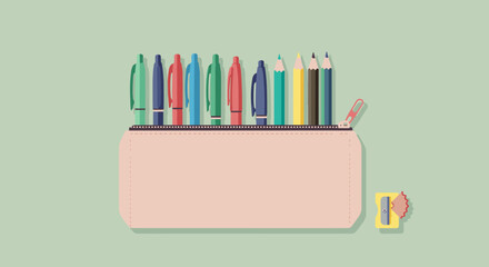 Pastel pencil case with colorful pens, pencils, and sharpener on green background. Vector illustration